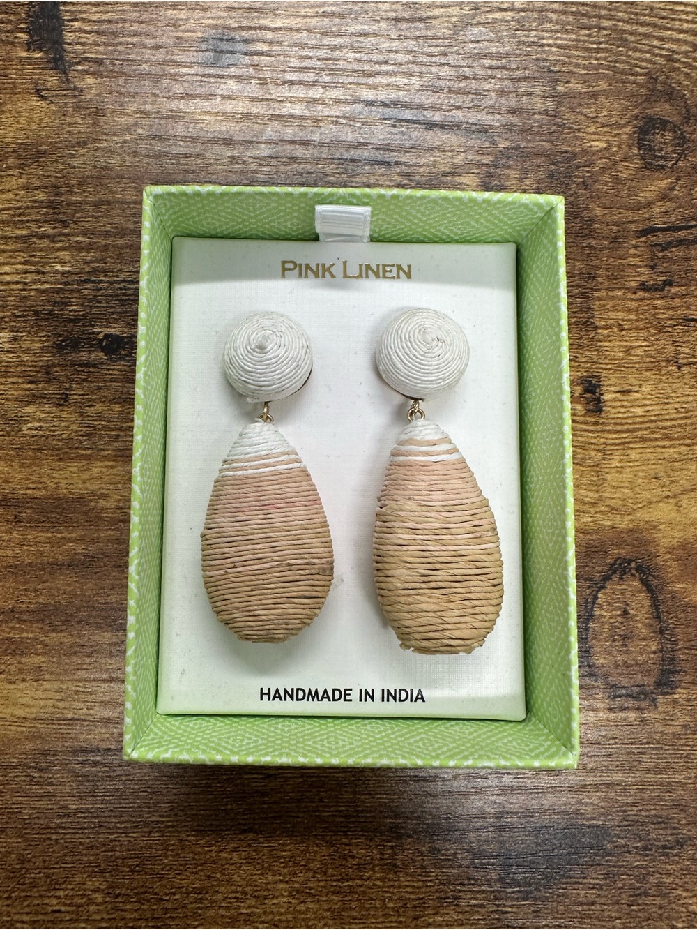 Pink Linen Teardrop Raffia Drop Post Earrings in Natural & Cream